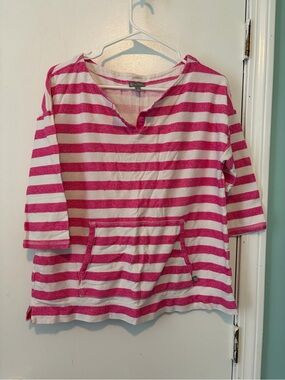 Talbots Pink and White Striped V-Neck Pullover Hoodie